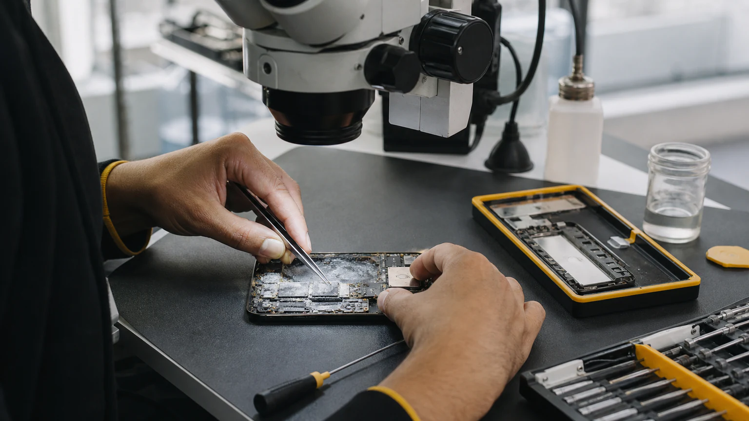 Technician inspecting a water-damaged smartphone board in Orlando