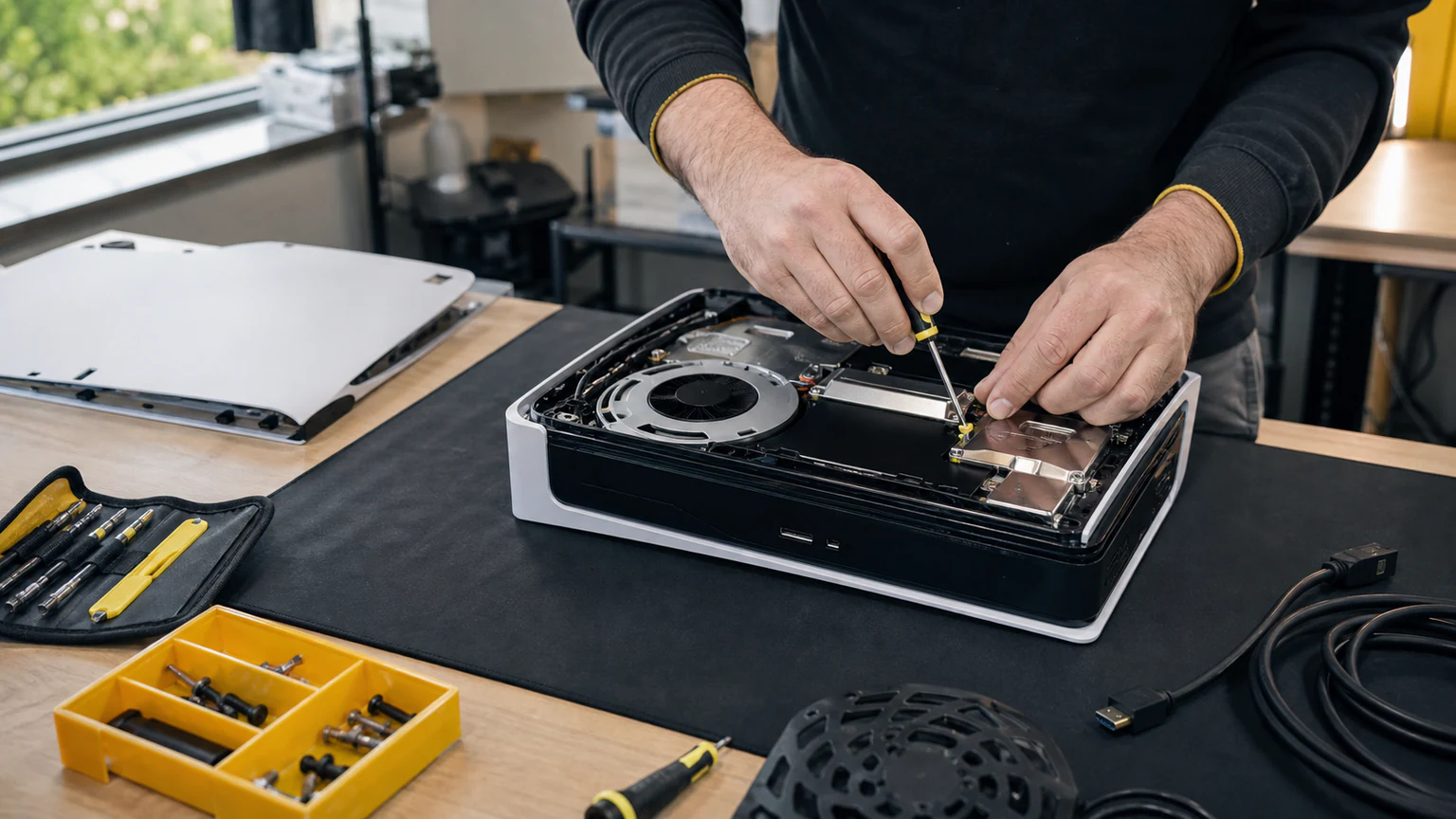 Technician diagnosing a PS5 game console in Orlando