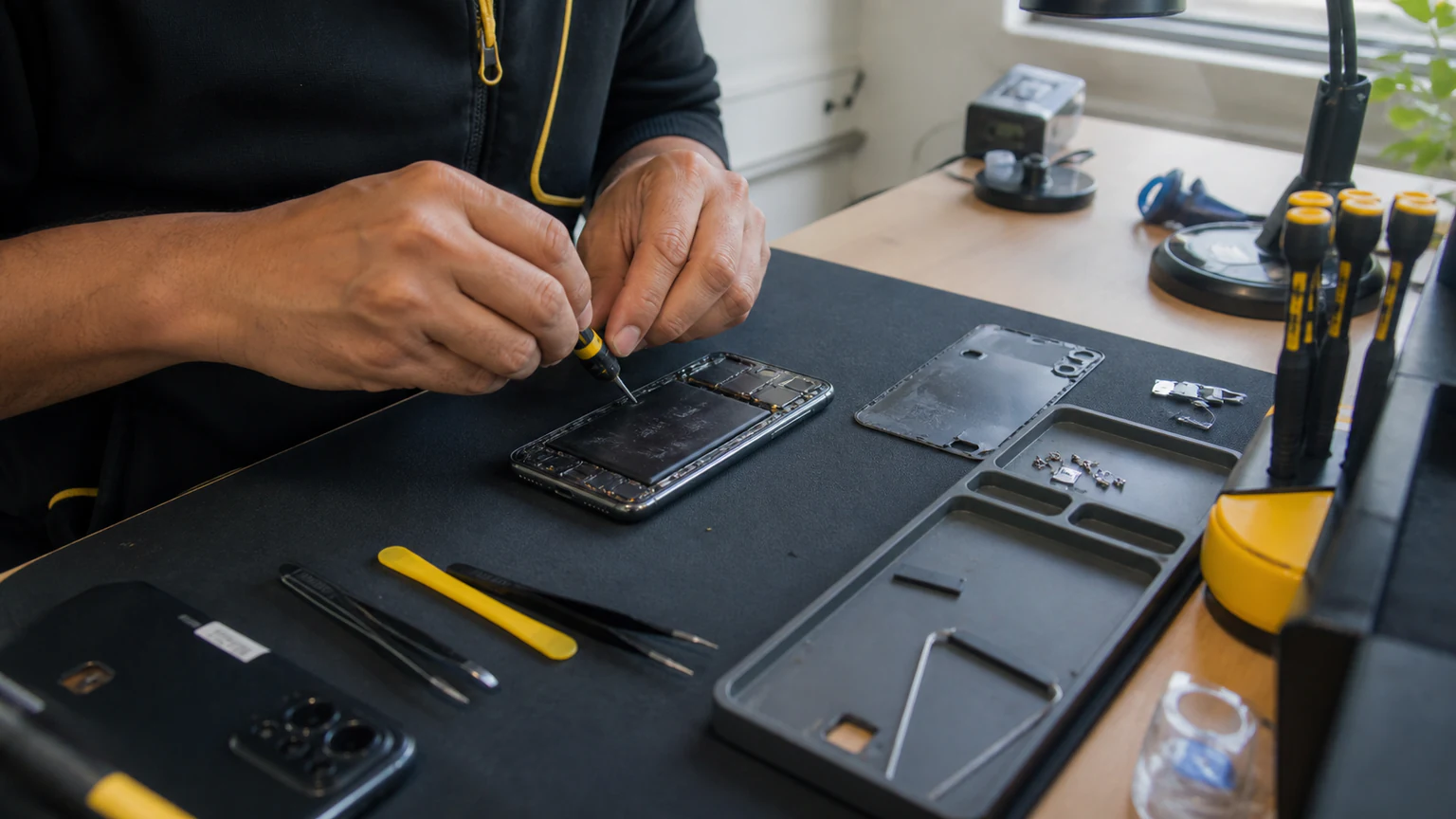 Technician repairing a Redmi smartphone in Orlando