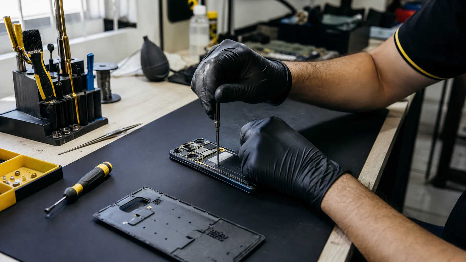 Technician repairing a Revvl smartphone in Orlando