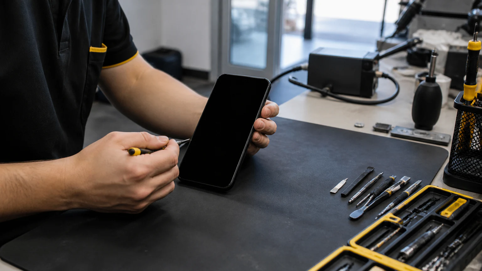 Technician troubleshooting a Samsung Galaxy phone with a black screen