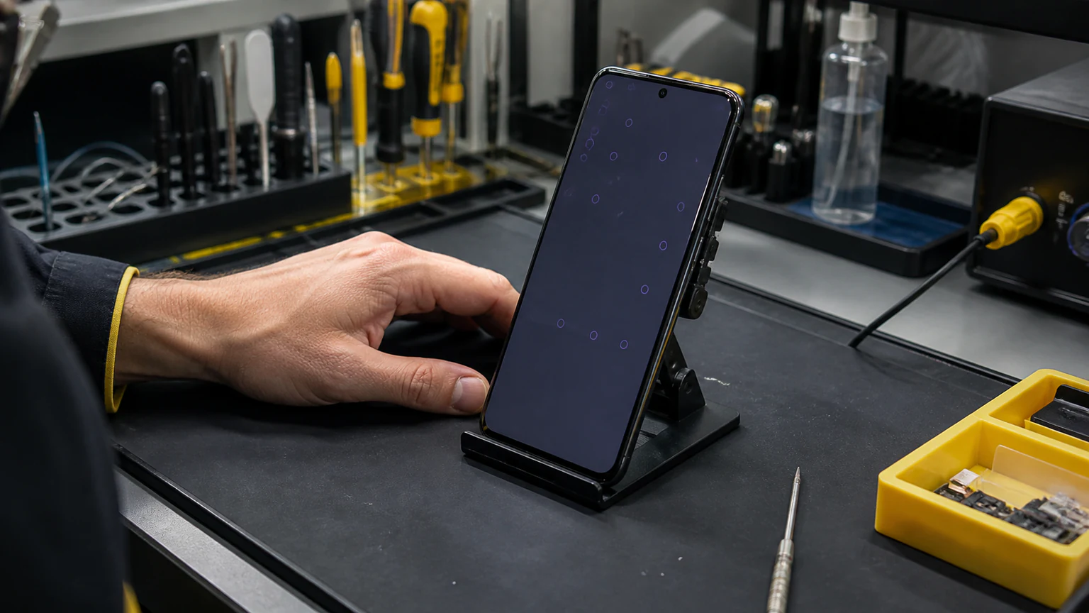 Technician testing an Android phone affected by ghost touch