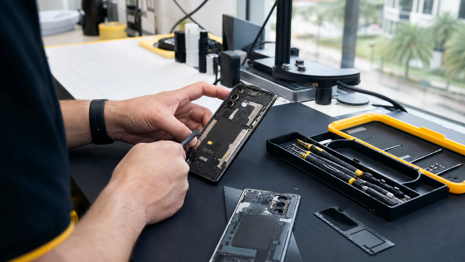Technician repairing a Samsung Galaxy phone in Orlando
