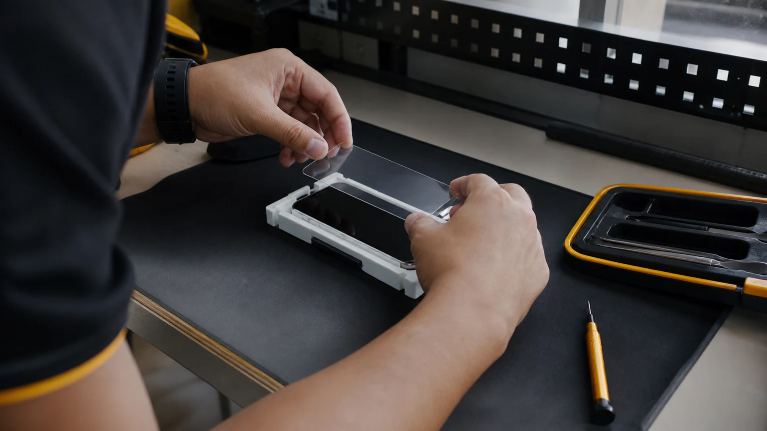 Technician precisely applying a clear screen protector to a smartphone