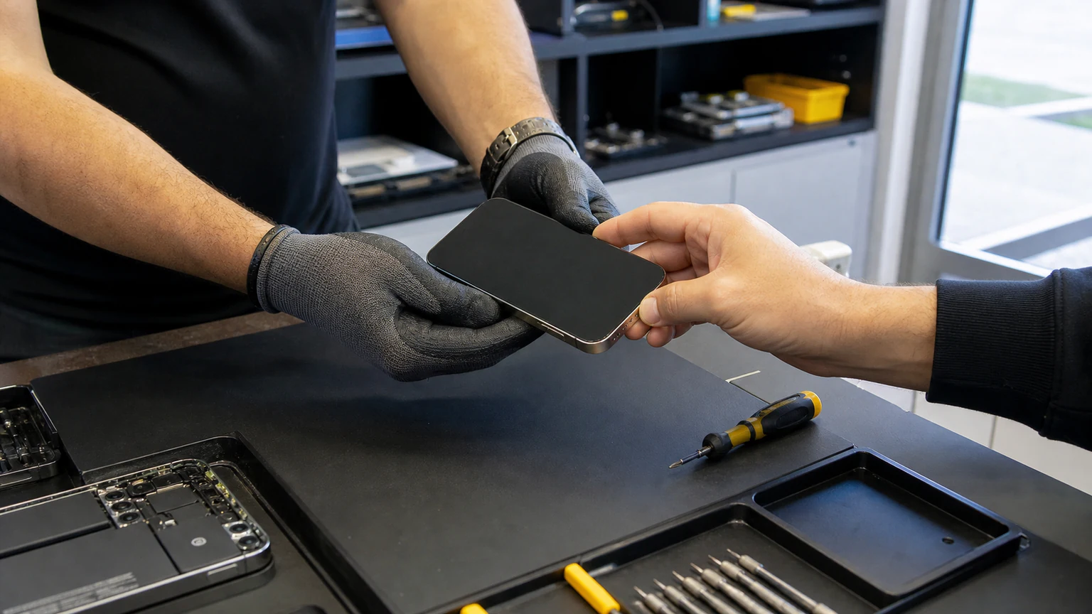 Customer receiving an in-store quote for a used iPhone in Orlando