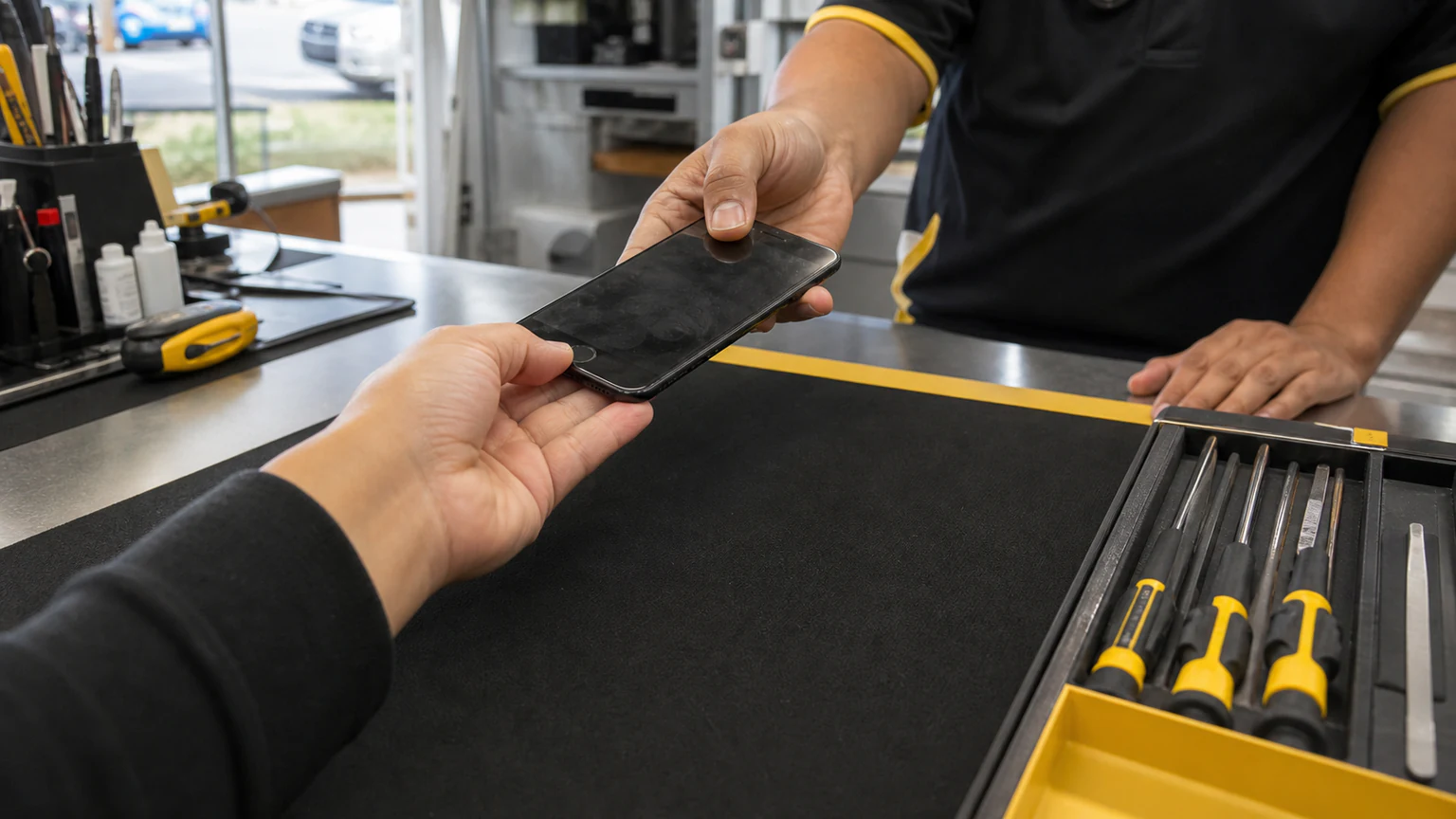 Customer receiving a cash quote for a used smartphone in Orlando