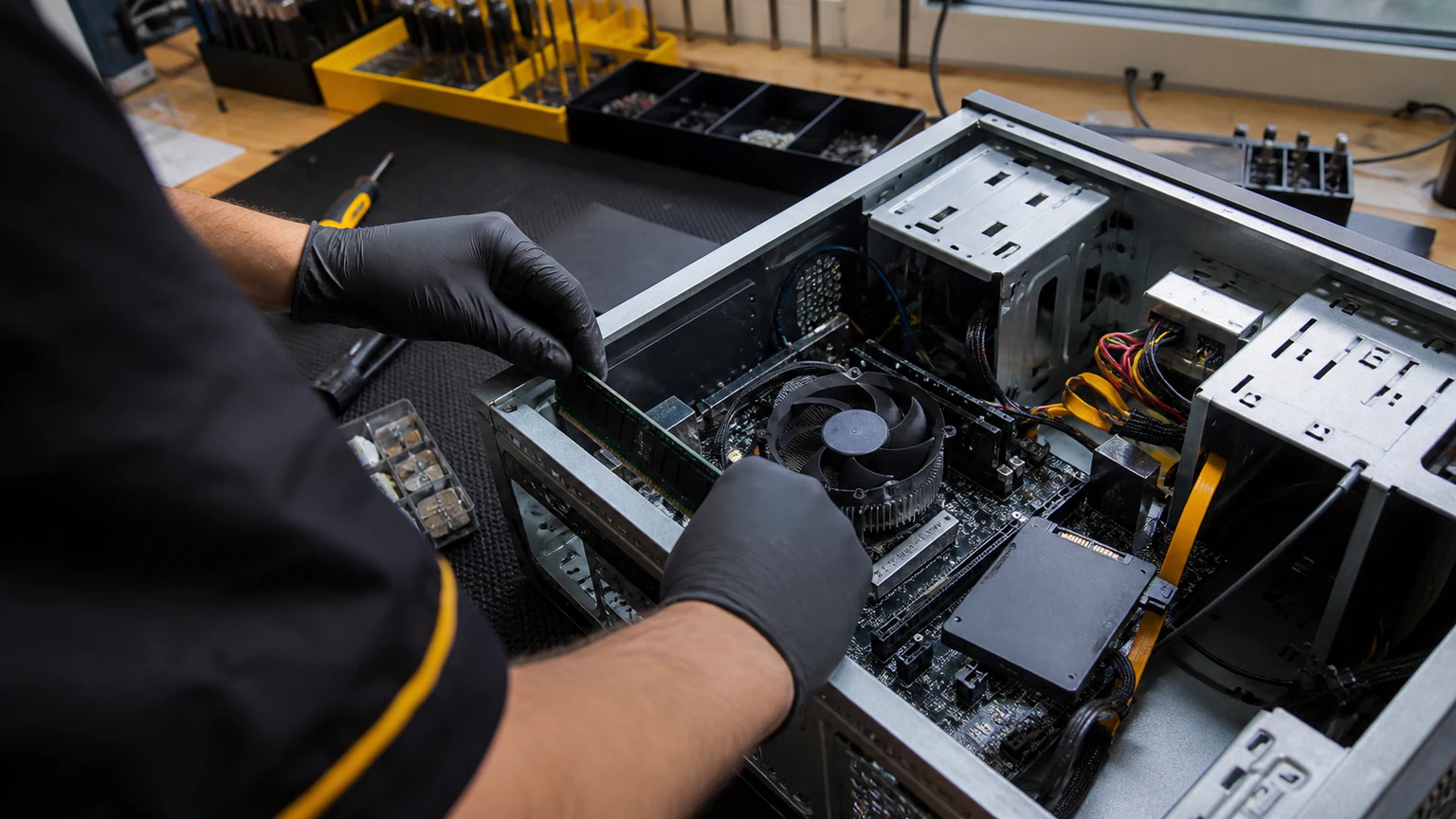 Technician diagnosing a slow desktop computer with hardware tools