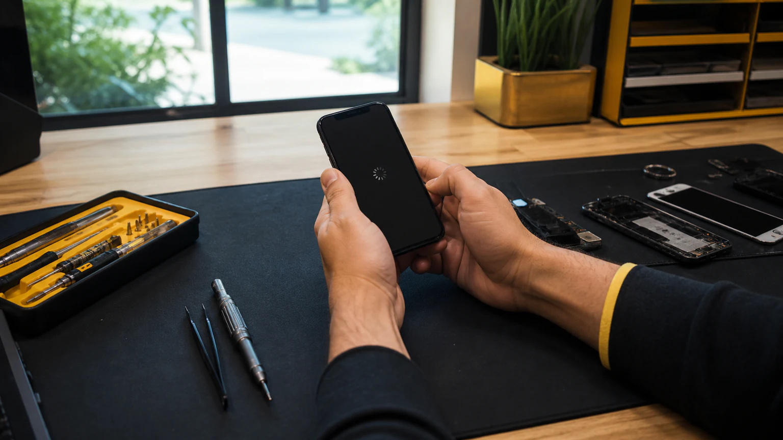 Frustrated customer waiting for a slow smartphone to respond