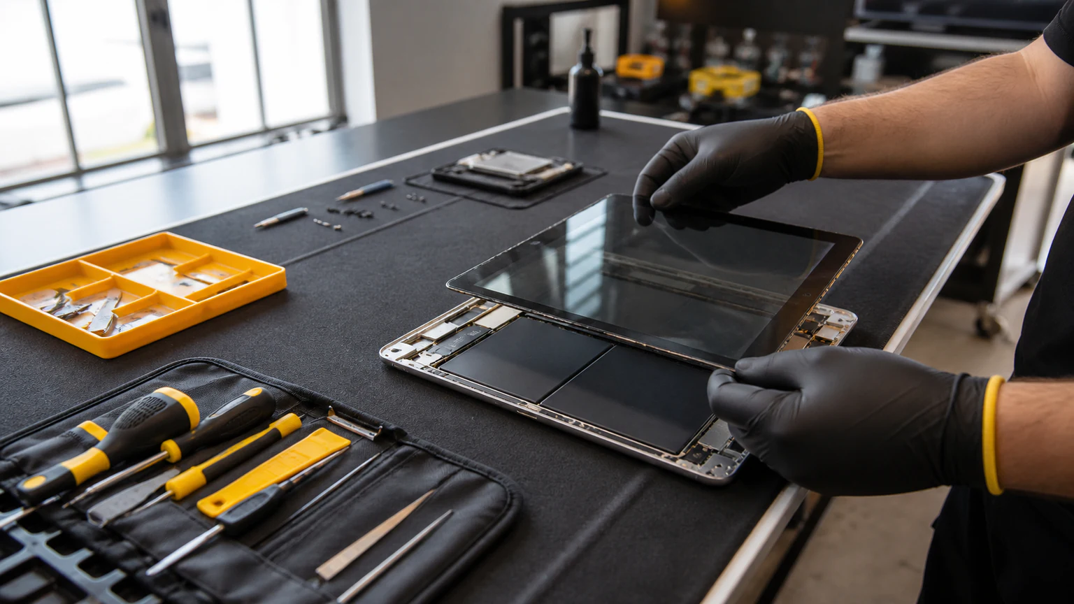 Technician repairing a tablet screen in Orlando