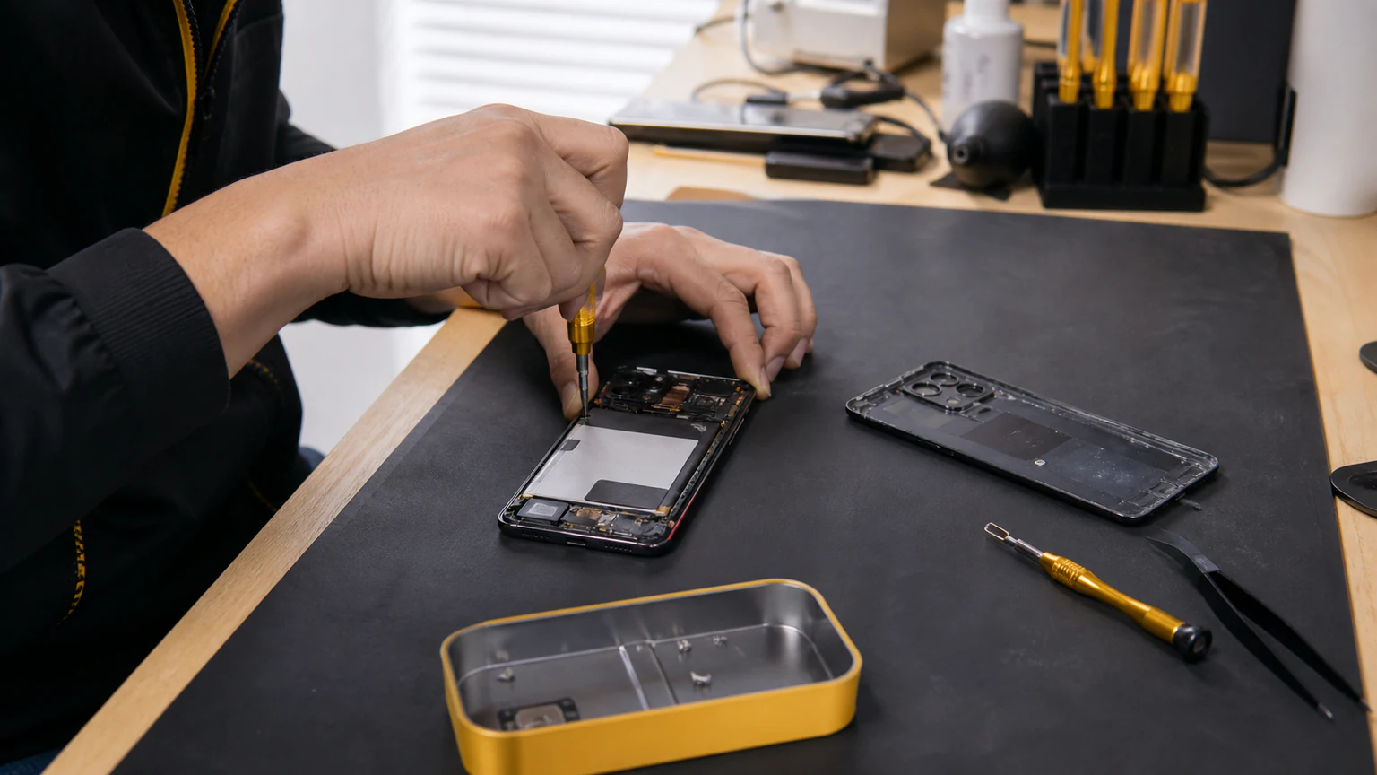 Technician repairing a TCL smartphone in Orlando