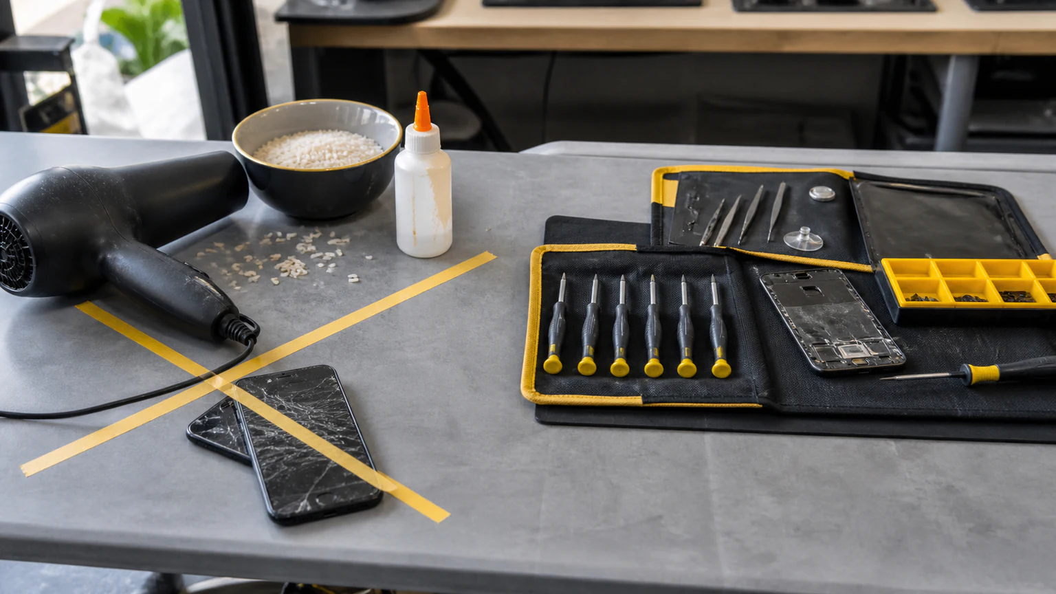 Unsafe household phone repair hacks contrasted with proper precision tools