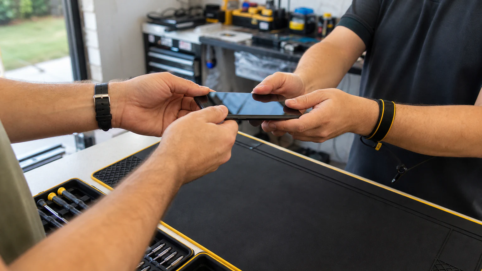 Satisfied Orlando customer receiving a repaired smartphone from a technician