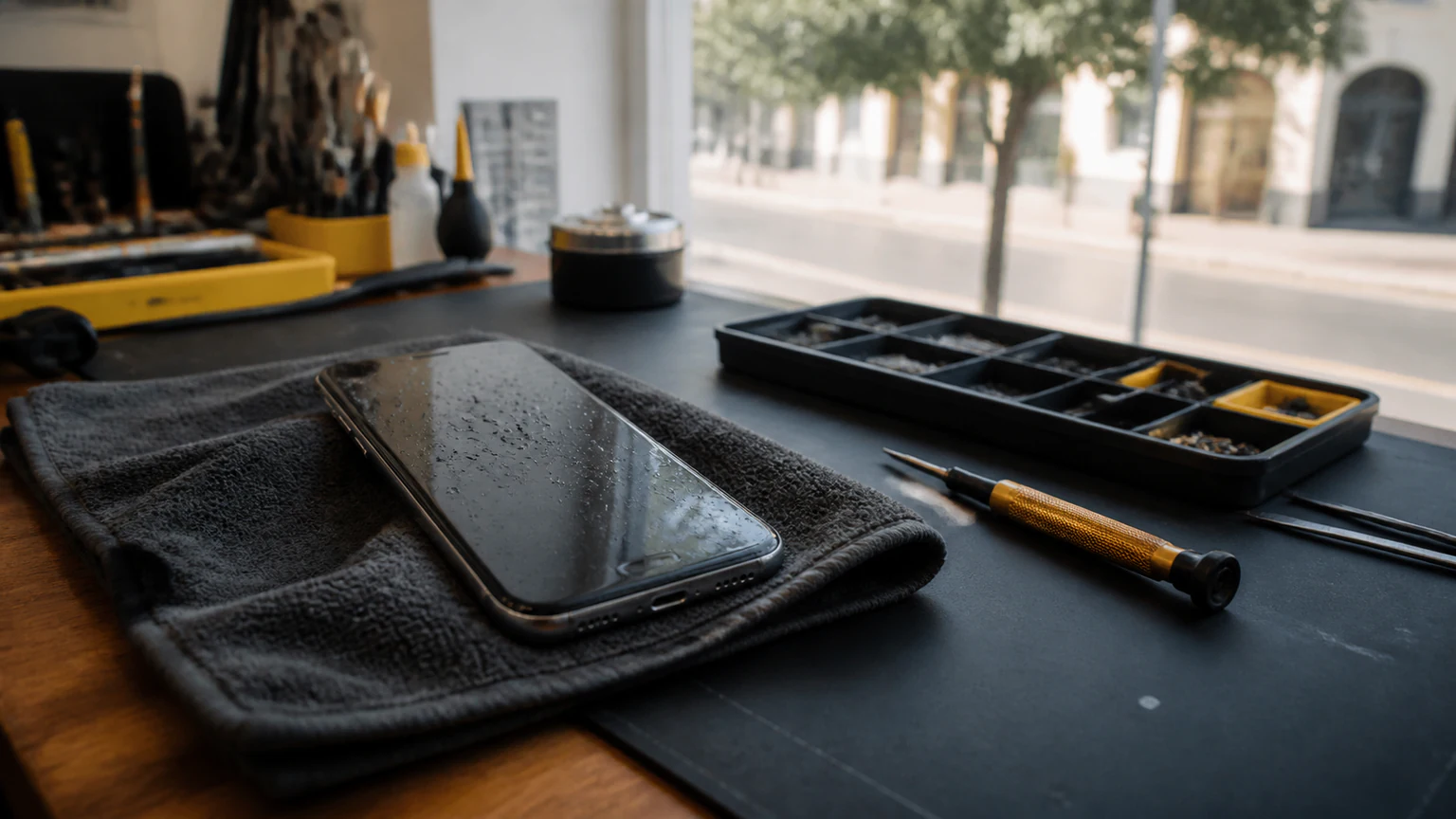 Water-damaged smartphone being prepared for repair near Raleigh Street Orlando