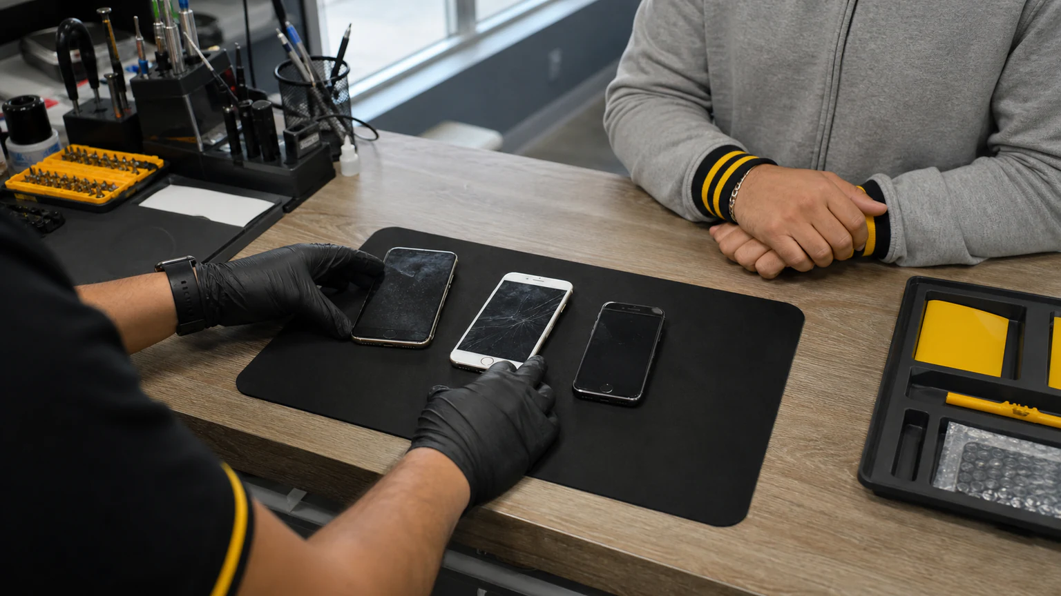 Technician evaluating several used smartphones for purchase in Orlando