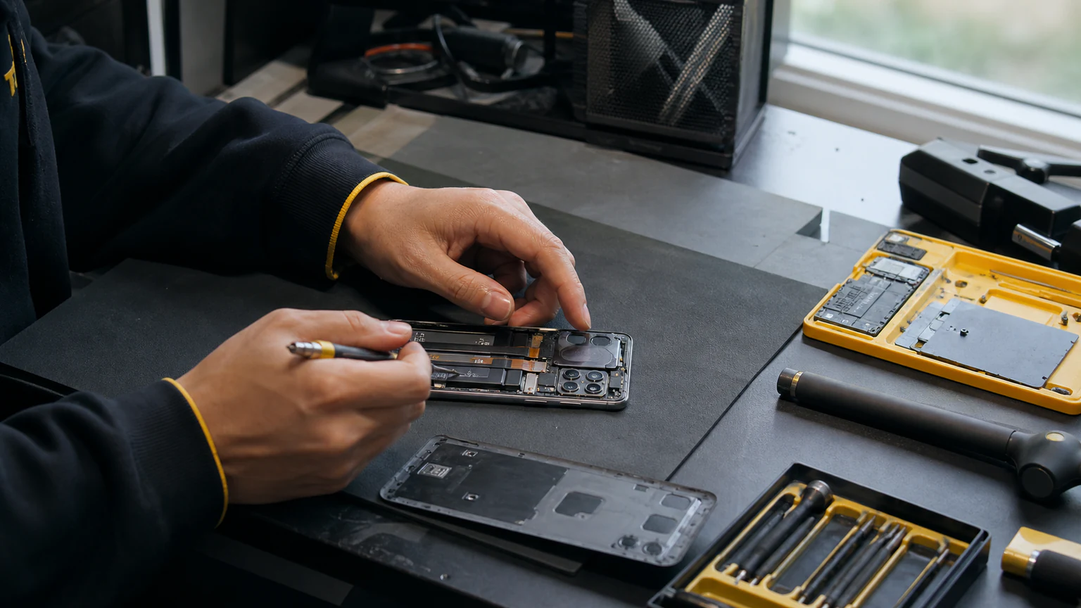 Technician repairing a Xiaomi smartphone in Orlando