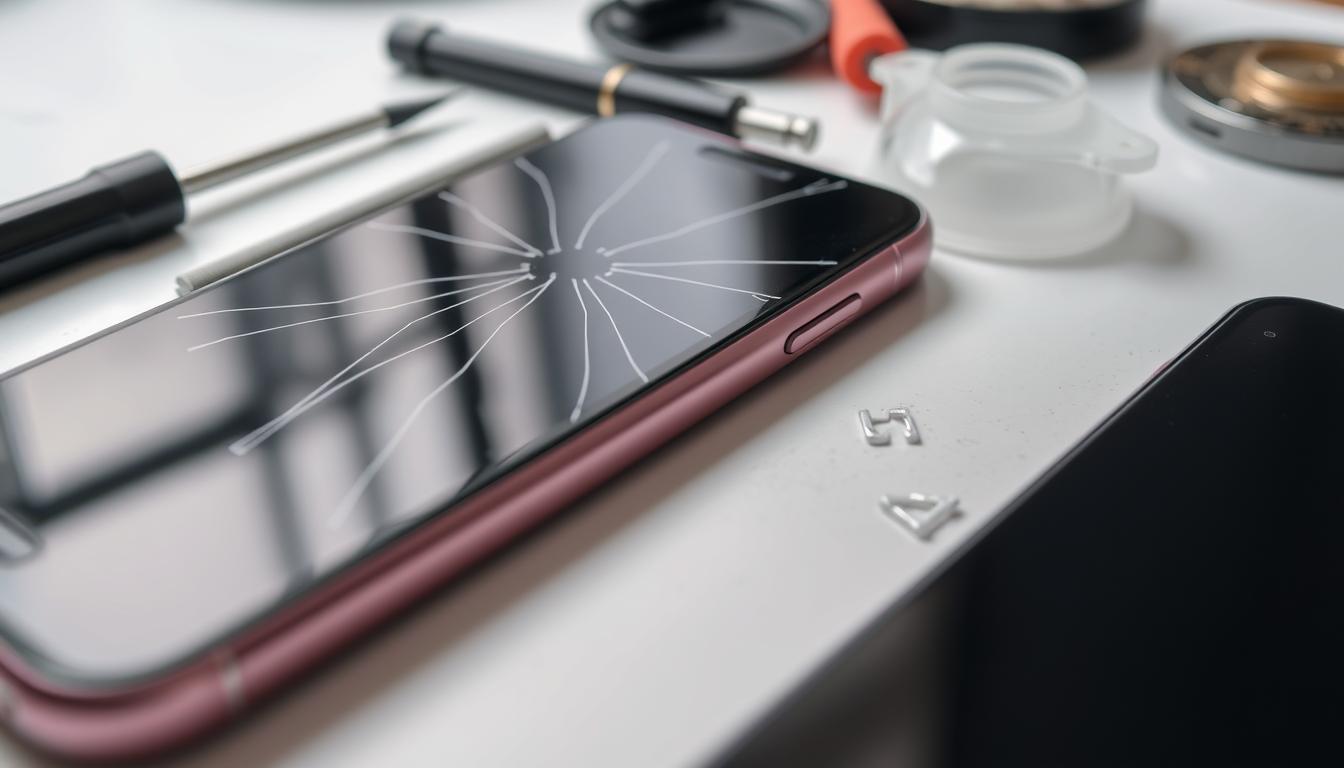 A close-up of an iPhone with a cracked screen, tools like a screwdriver and suction cup nearby, a replacement screen on one side, a clean workspace with soft lighting, showcasing the contrast between DIY repair effort and professional tools, with a blurred background of a repair shop.