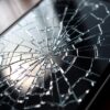 A close-up view of a cracked iPhone screen, intricate patterns of shattered glass, reflecting light, with a blurred background of everyday items, showcasing the contrast between technology and fragility.