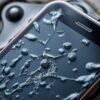 A close-up of an iPhone with visible water damage, featuring a cracked screen, condensation under the glass, and water droplets on the surface, set against a blurred background of a soggy environment.