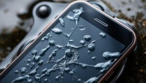 A close-up of an iPhone with visible water damage, featuring a cracked screen, condensation under the glass, and water droplets on the surface, set against a blurred background of a soggy environment.