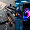 A split image showcasing a cracked iPhone on one side with tools and parts scattered around for repair, and on the other side, a sleek new iPhone glowing with vibrant colors, set against a modern background depicting technology and innovation.