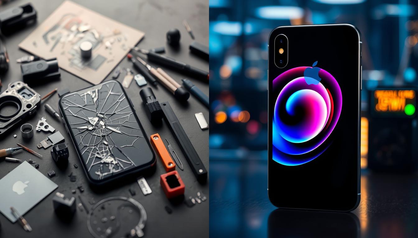 A split image showcasing a cracked iPhone on one side with tools and parts scattered around for repair, and on the other side, a sleek new iPhone glowing with vibrant colors, set against a modern background depicting technology and innovation.