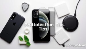 A visually appealing flat lay composition showcasing various iPhone protection tips: a sleek, durable phone case, a tempered glass screen protector, a microfiber cleaning cloth, and a wireless charging pad. Surround these items with elements symbolizing safety and care, such as a shield icon and soft pads, all set on a clean and minimalistic surface. Include the URPhone Store logo subtly in the corner of the image.