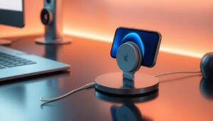 A sleek, modern workspace featuring Apple's MagSafe technology in action, showcasing a iPhone magnetically attaching to a wireless charger, with an emphasis on the elegant design and seamless connectivity, soft ambient lighting reflecting off metallic surfaces, with subtle hints of futuristic gadgets in the background, minimalistic and clean aesthetic, representing innovation and advanced technology