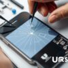 An iPhone screen repair process scene featuring a technician carefully removing a cracked screen, surrounded by tools like tweezers, suction cups, and a new screen ready to be installed. The workspace is well-organized with bright lighting, showcasing the intricate details of the phone's interior components. In the background, the logo of 'URPhone Store' subtly integrated into the workspace design.