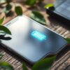 A modern iPhone resting on a wooden surface, surrounded by green leaves and a small solar panel, with a glowing battery icon radiating energy, soft natural lighting highlighting the scene, a tech-inspired aesthetic.
