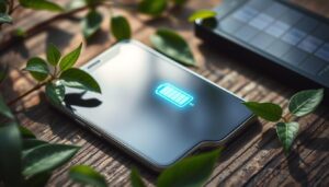 A modern iPhone resting on a wooden surface, surrounded by green leaves and a small solar panel, with a glowing battery icon radiating energy, soft natural lighting highlighting the scene, a tech-inspired aesthetic.