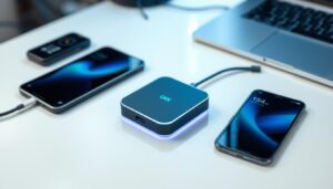 A sleek, modern Gallium Nitride (GaN) charger on a clean, minimalist desk, showcasing its compact design and advanced technology, surrounded by various electronic gadgets like a smartphone and laptop, with a subtle futuristic lighting effect.
